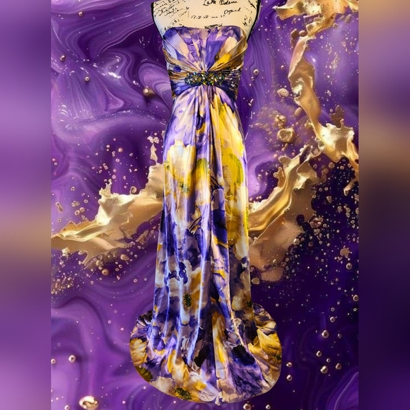 Camille La Vie Purple and Gold Strapless Gown - Picture 1 of 11